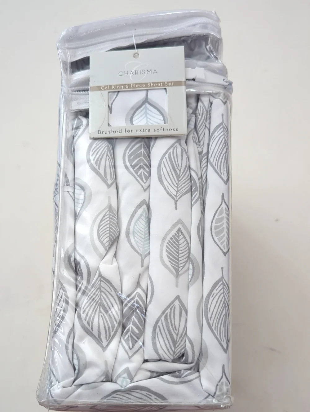 Charisma Microfiber Cal King 6- Piece Sheet Set Leaves Grey